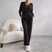 Two-Piece Set Of Women's Autumn Fashion Casual Straight-Leg Pants With A Loose V-Neck And Pit Stripe Knitted Top_ecoleips.com