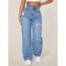 2025 Best-Seller Women's Wide-Leg Straight Ripped Jeans Light Blue High-Waisted Floor-Length Trendy Pants_ecoleips.com