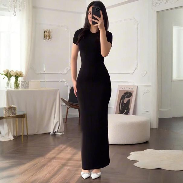 Women's Slim Fit Long Dress European American Style Figure Flattering Summer Sexy Elegant Round Neck Short Sleeves_ecoleips.com