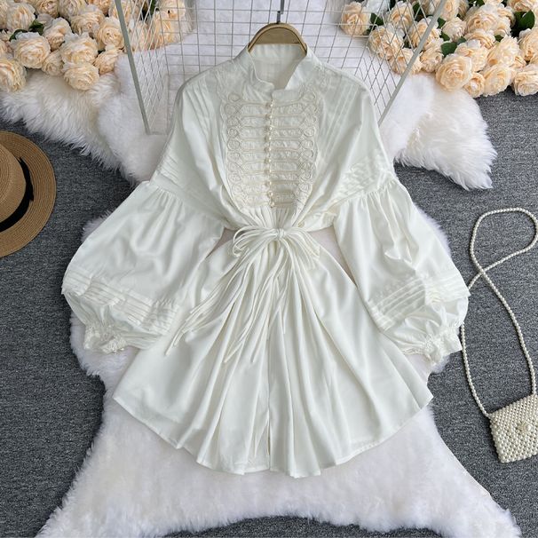 New Autumn Women's French Court Style Dress With Doll Collar, Lace Bow Tie, Lantern Sleeves, And Pearl Buttons_ecoleips.com