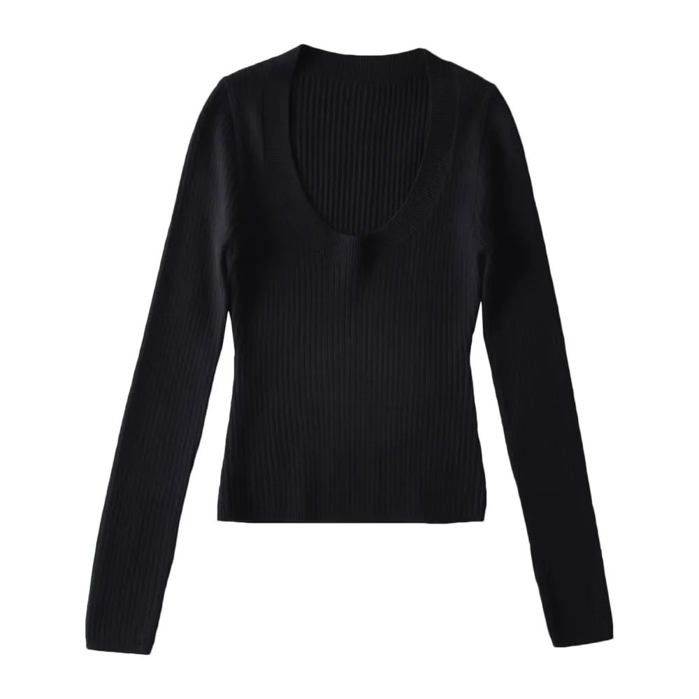 Aria Basics Aria Basics New European And American Style Sexy Deep U-neck Basic Pure Desire Slim-fit Long-sleeve Pullover Knit Top For Women_ecoleips.com