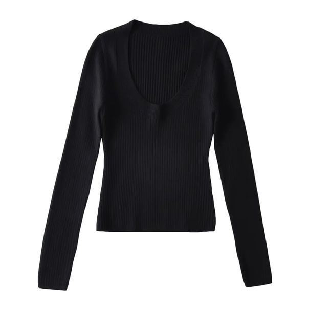 Aria Basics Aria Basics New European And American Style Sexy Deep U-neck Basic Pure Desire Slim-fit Long-sleeve Pullover Knit Top For Women_ecoleips.com