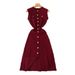 Women's Clothing Waist Dress Round Neck Hook Flower Single Breasted Hollow Swing Sleeveless_ecoleips.com