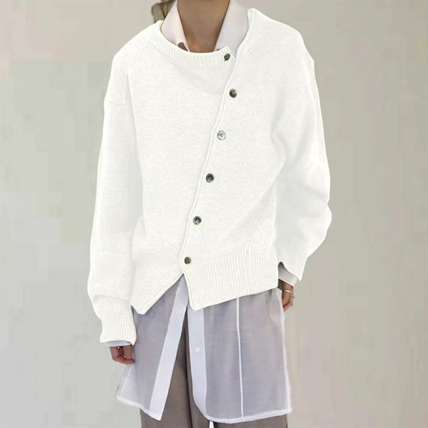 K New Oblique Button Irregular Design Lazy Style Cardigan Round Neck Knitted Coat For Women. No Innerwear Or Other Accessories_ecoleips.com