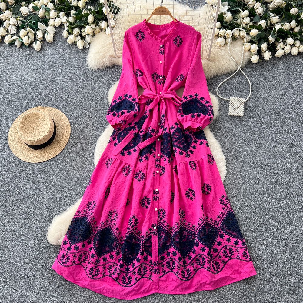 Women's Elegant Lantern Sleeve Printed Dress Belted A-Line Midi Skirt Long Sleeves Fitted Waist Spring Style Vacation Look_ecoleips.com