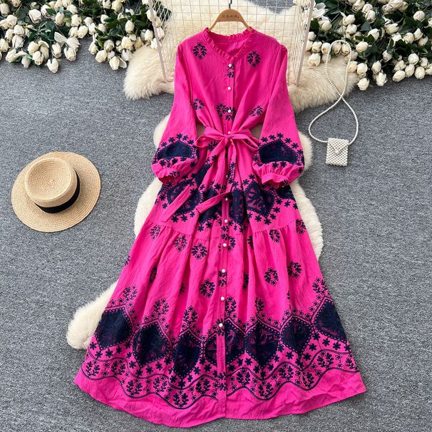 Women's Elegant Lantern Sleeve Printed Dress Belted A-Line Midi Skirt Long Sleeves Fitted Waist Spring Style Vacation Look_ecoleips.com