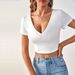 Voya Women's New Sexy Backless V-neck Slim Fit Short Knitted Short Sleeved Fashionable T-shirt Top_ecoleips.com