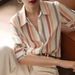 Women's Clothing Contrast Color Temperament Striped Shirt Women Spring And Summer New Niche Retro Lapel Loose And Slim_ecoleips.com