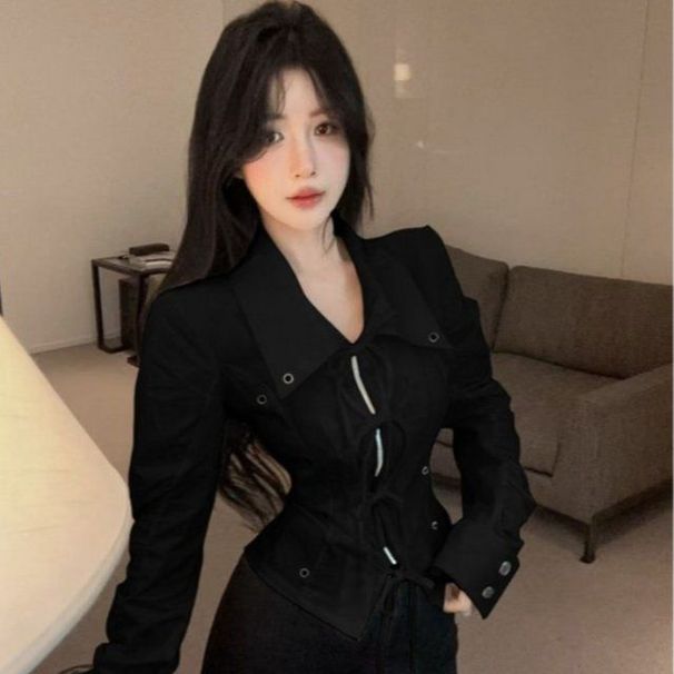 Korean-style Design Cool Zip-up Tie-neck Long-sleeve Shirt For Women, Autumn Waist-cinching Niche Fashion Jacket_ecoleips.com