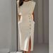 Women's Clothing Royal Sister Style Solid Color Round Neck Waist Slit Metal Button Summer Dress For Women_ecoleips.com