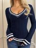 Women's Clothing V-Neck Cable Knit Sweater - Slim Fit Color Block Pullover For Women, Casual College Outfit, Autumn Fashion_ecoleips.com