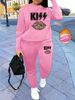 Women's Autumn And Winter Hip-hop Casual Street Leopard Print Lip Print Letter Pattern Print Round Neck Sports Shirt+sports Pants Warm Set-637_ecoleips.com