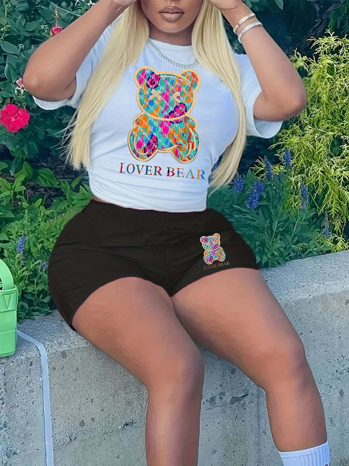 Summer Women's Casual And Fashionable Lover Bear Print Loose T-shirt+shorts Two-piece Sportswear Suitable For Daily Wear-89_ecoleips.com
