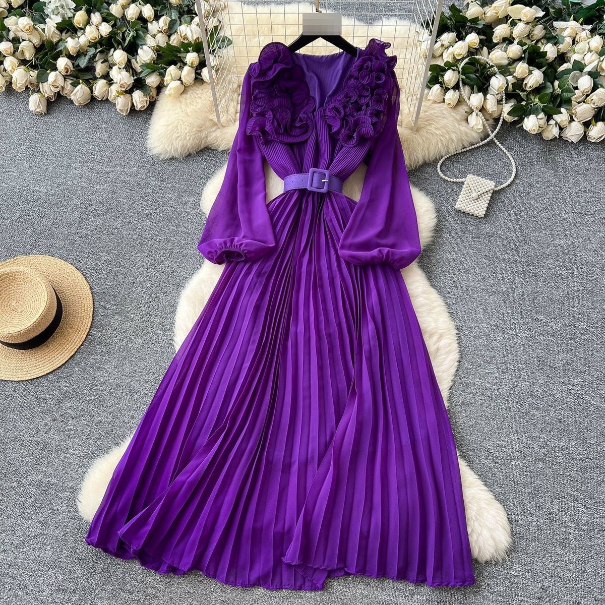 Women's French Retro Style 3D Floral Lantern Sleeve Dress Slimming Elegant Long Pleated Waist Cinching New 2025_ecoleips.com