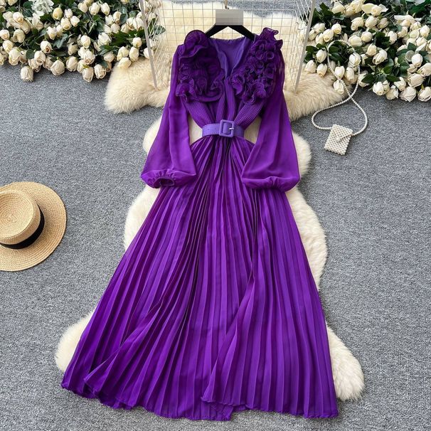 Women's French Retro Style 3D Floral Lantern Sleeve Dress Slimming Elegant Long Pleated Waist Cinching New 2025_ecoleips.com