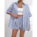 Women's Clothing Elegant Women's Two Piece Casual Striped Shirt Spring/Summer Short Sleeved Purple And Pink Style_ecoleips.com