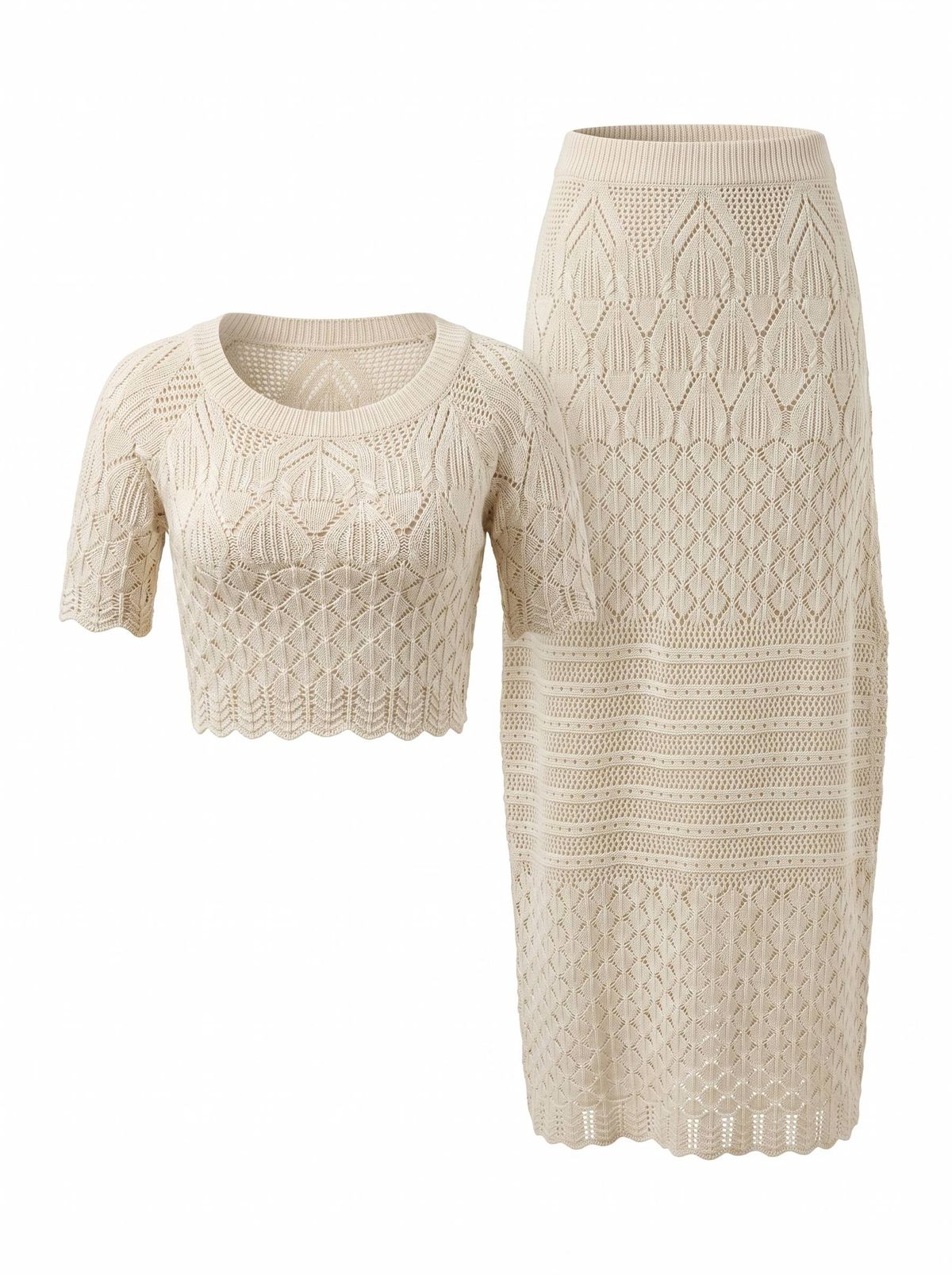Women's Off Shoulder Knit Two Piece Outfit, Short Sleeve Cropped Top & High Waist Midi Skirt Set_ecoleips.com