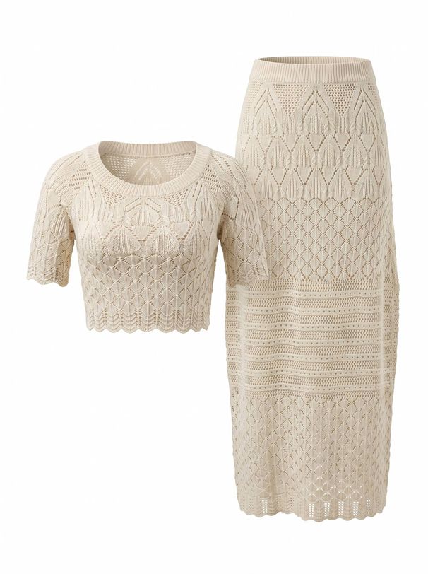 Women's Off Shoulder Knit Two Piece Outfit, Short Sleeve Cropped Top & High Waist Midi Skirt Set_ecoleips.com