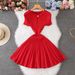 Women's Clothing Round Neck Short Sleeved Knitted Skirt Female Fashion Waist Slimming A Line Dress_ecoleips.com