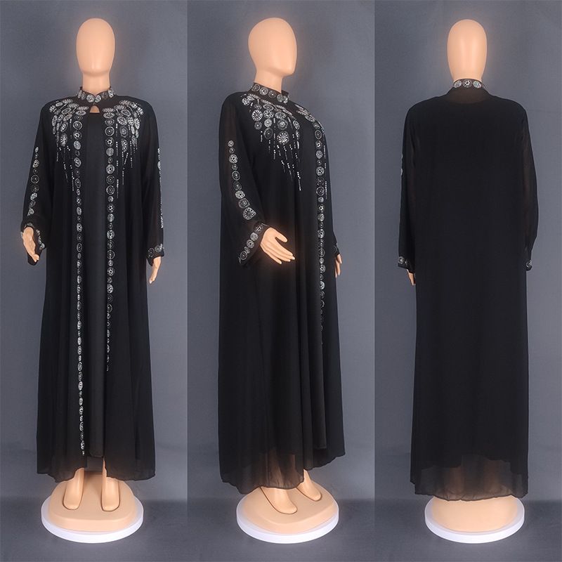 Arabic Muslim Dress With Rhinestones, Chiffon Stand Collar Dress, Middle East Dubai Robe 8841 Sweet Style_ecoleips.com