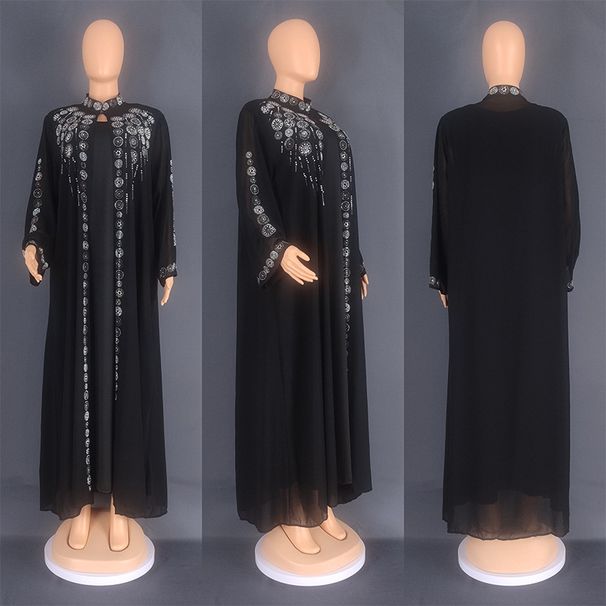 Arabic Muslim Dress With Rhinestones, Chiffon Stand Collar Dress, Middle East Dubai Robe 8841 Sweet Style_ecoleips.com