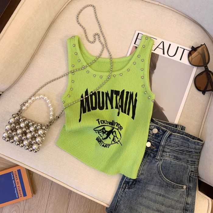 Rivet U-neck Camisole Dopamine Summer Beach Outfit For Hot Girls, American-style Letter Print Women's Short Top_ecoleips.com