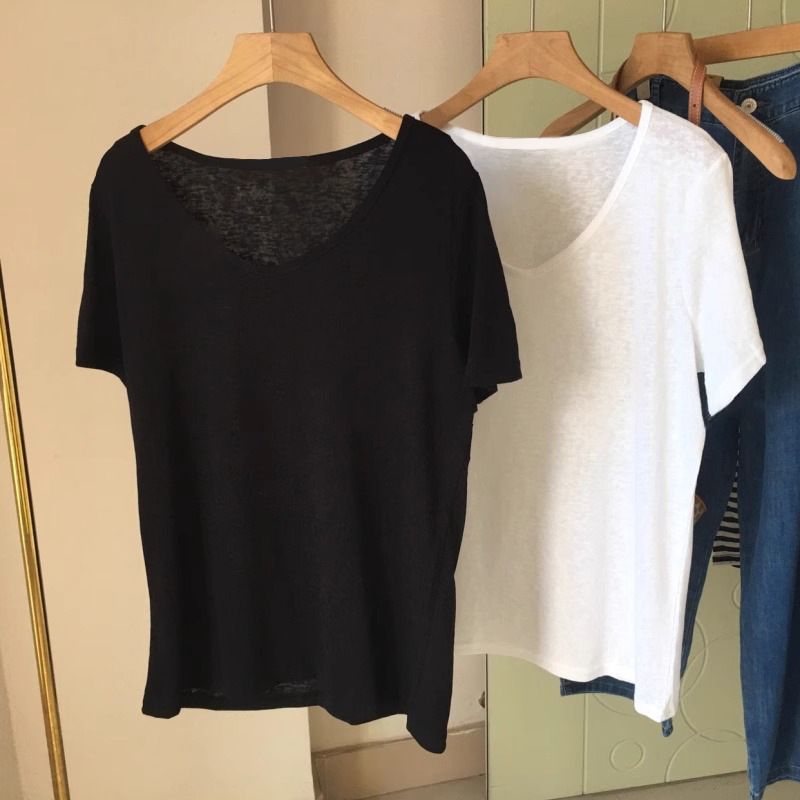 Pure Desire Style Casual V-Neck Collarbone Exposed Snowflake Cotton Short-Sleeved T-Shirt For Women, A Loose And Slimmin_ecoleips.com