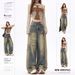 Retro Washed Distressed Rivet Ripped Straight Leg Jeans Men Women Street Style Loose Fit Slimming Wide Leg Trousers Casual Cotton_ecoleips.com