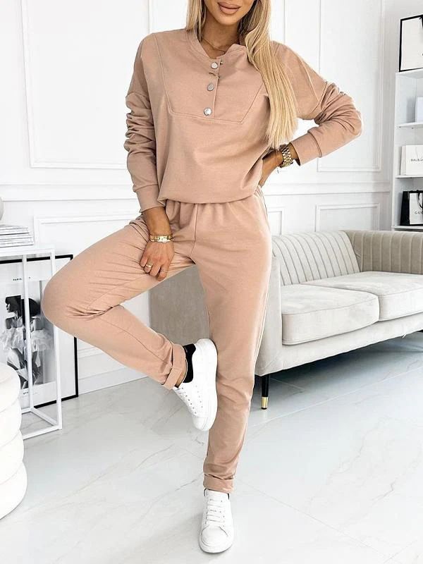 Women's Round Neck Solid Color Long Sleeve Casual Top Button Detail Comfort Fit Spring/Autumn Fashion_ecoleips.com