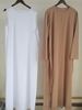 Elegant Modest Two-Piece Dress Set - Long Sleeve Loose Fit Casual Maxi Dress With Round Neck, Polyester Blend, Solid Color (Khaki+White)_ecoleips.com