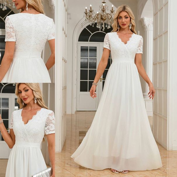 Women's Clothing Short Sleeve V Neck Slim Dress Evening Dress Long Dress_ecoleips.com