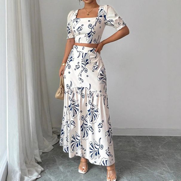 Women's Summer Skirt Set Square Neck Printed Export European American Short Sleeved Clothing_ecoleips.com