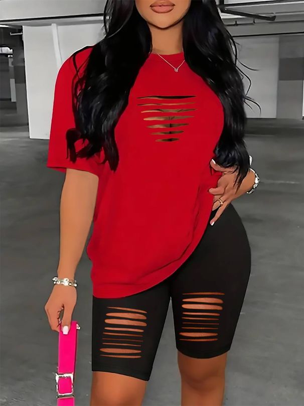 Women's Summer Sexy Sleeveless T-Shirt And Shorts Set V-Neck Hollow out Casual Comfortable Fashion Outfit_ecoleips.com