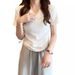 Women's Solid Color T-Shirt V Neck Drawstring Slim Fit Summer New Style Top_ecoleips.com