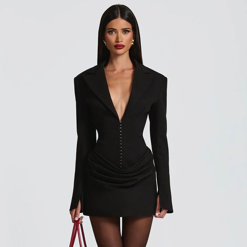 Women's Sexy Deep V Long Sleeve Ruched High Waist Bodycon Mini Dress – Elegant Fall Winter Gown_ecoleips.com