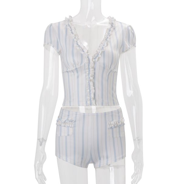 Women's European American Style Striped Cardigan Ruffled Short Sleeve Top And Elegant Slim Fit Shorts Set Spring New 2026_ecoleips.com