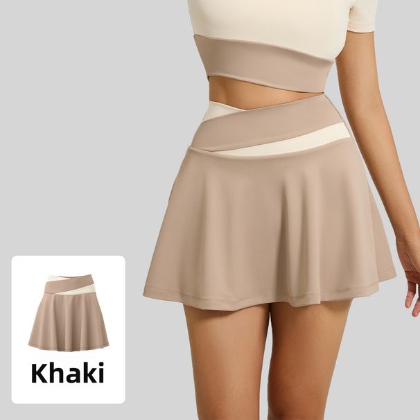 Women's Color Block Sports Skirt Nude Feel Faux Two Piece Running Fitness Yoga Short Anti Exposure Skirt_ecoleips.com