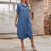 Plus Size Women's Denim Dress Short Sleeve Button Mid-Length Wide Dress For Casual Wear_ecoleips.com