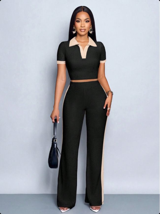 Women's Summer Outfit Set – Slim Fit Short Sleeve Color Block T-Shirt & Pants | Scandinavian Minimalist Style | Stretch Polyester-Spandex (S-XXL)_ecoleips.com