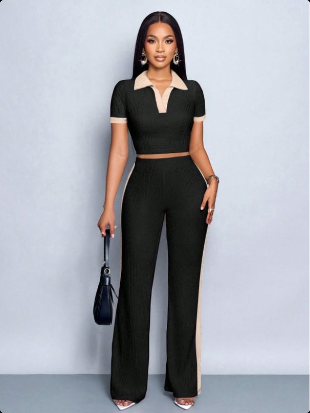 Women's Summer Outfit Set – Slim Fit Short Sleeve Color Block T-Shirt & Pants | Scandinavian Minimalist Style | Stretch Polyester-Spandex (S-XXL)_ecoleips.com