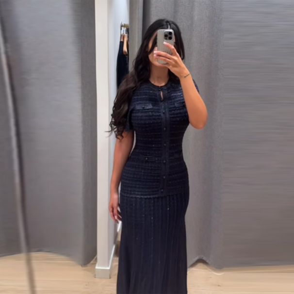 Elegant French Sequin Knit Maxi Dress Women Round Neck Cinched Waist Short Sleeve Button Detail Robe Summer Party Evening Gown_ecoleips.com