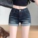 American-style Cuffed Denim Shorts, Ultra-short, Spring Fashion For Girls, High-waisted, Rolled Hem, Slimming, Dark_ecoleips.com
