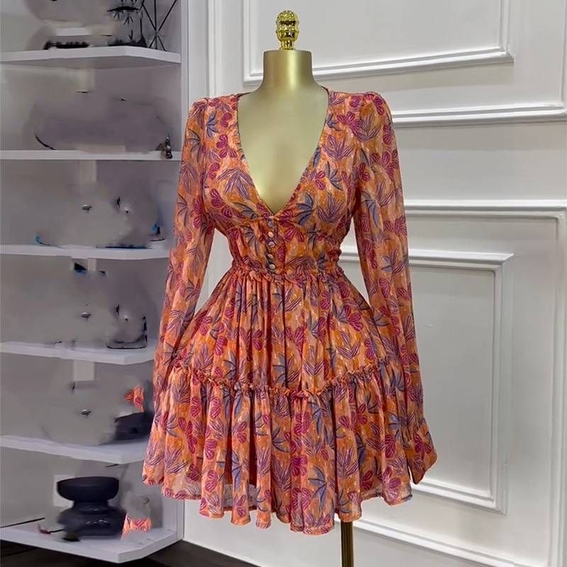 Women's Clothing Spring New Sweet Fresh Print V Neck High Waist Slim Dress Short Skirt_ecoleips.com