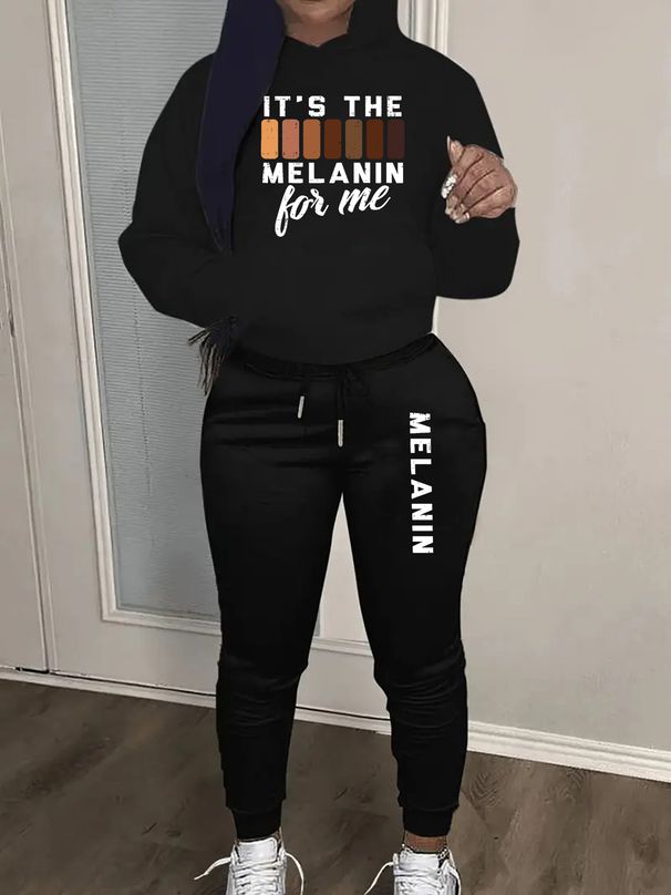 Women's Autumn And Winter Casual Fashion MELANIN Letter Pattern Printed Thick Velvet Warm Hooded Sweatshirt+sweatpants Set-690_ecoleips.com