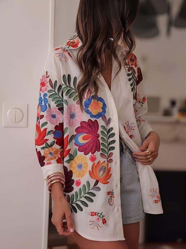 Women's Casual Fashion Floral Print Vacation & Commuter Versatile Loose Double Slit Outerwear Shirt_ecoleips.com