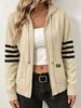 Oatmeal Striped Sleeve Pit Rib Knit Hooded Cardigan, Loose Lightweight Breathable Soft Skin-touch Zip Knit Jacket_ecoleips.com