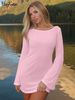 Hugcitar 2025 Pure Color Long Flare Sleeve Backless Lace Up Sexy Slim Mini Dress Summer Y2K Women Clothes Beach Vacation Party_ecoleips.com