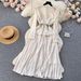 Elegant French-Chic Dress With Intricate Beading, Metal Buttons, Square Neckline & Lace Inserts – Flowy Pleated Midi Dress For Women_ecoleips.com