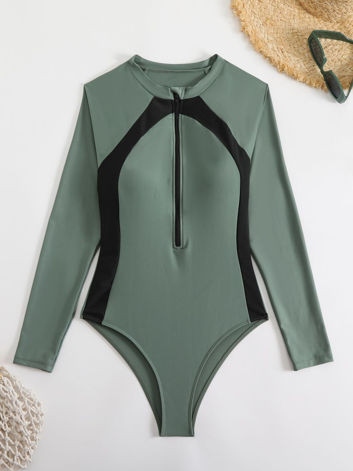 2025 New European And American Sexy Racing Surfing Suit Color Matching One Piece Zipper Tight Slim Swimsuit_ecoleips.com