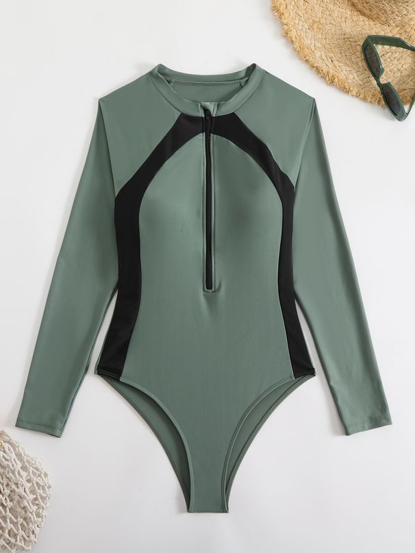 2025 New European And American Sexy Racing Surfing Suit Color Matching One Piece Zipper Tight Slim Swimsuit_ecoleips.com